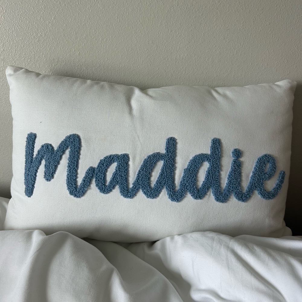 White Pillow with Blue 'Maddie' Embroidery